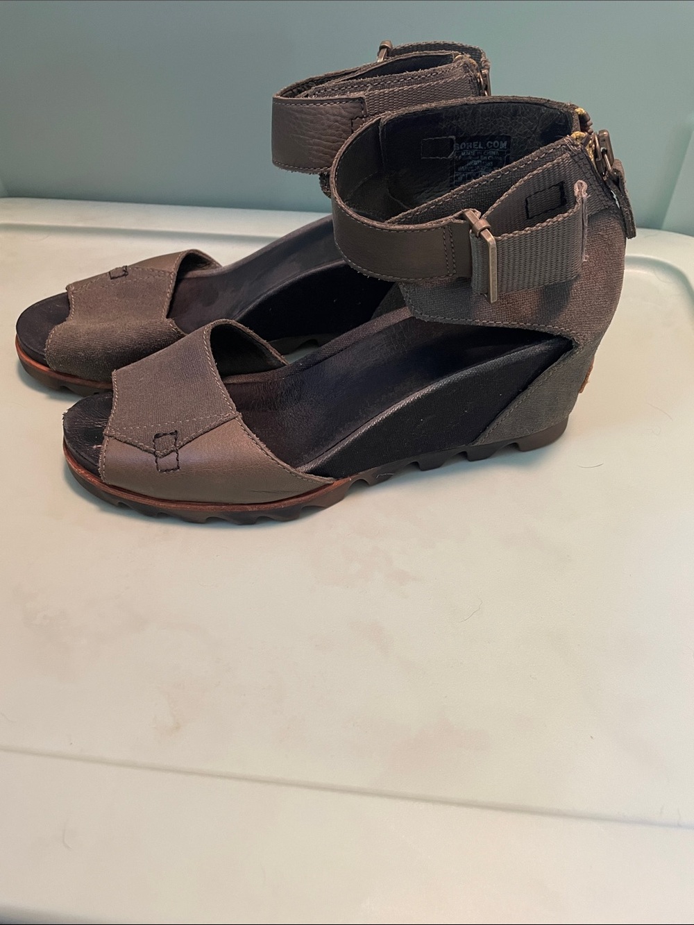 Sorel Wedge Ankle-Strap Sandals in Olive Green